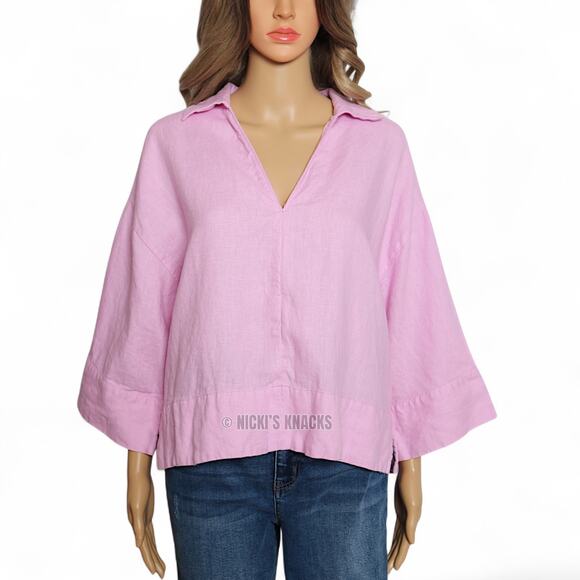 Banana Republic European Linen Polo Kaftan Top Pink Collared Relaxed Fit Size L - Picture 2 of 9